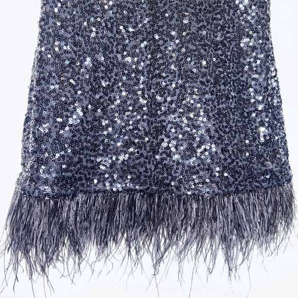Guess Black Sequin Sheath Mini Dress Ostrich Feathers Size 4 - Picture 5 of 8
